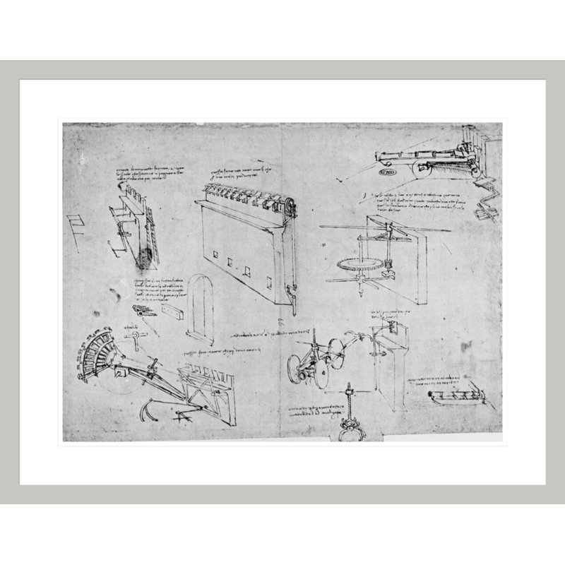 Machines militaires fol. 34v-a du Codex Atlanticus par Leonardo Da Vinci, impression giclée encadrée, H 23,18 po x l 29,5 po