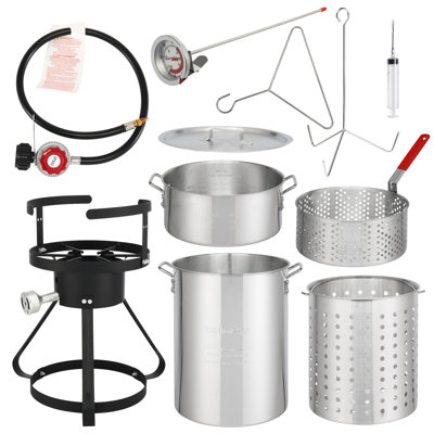 13*32inch Four-piece Set, Black Round Iron Stove Frame, Silver Aluminum 30qt Turkey Pot 10qt Fish Pot, Gas Fryer