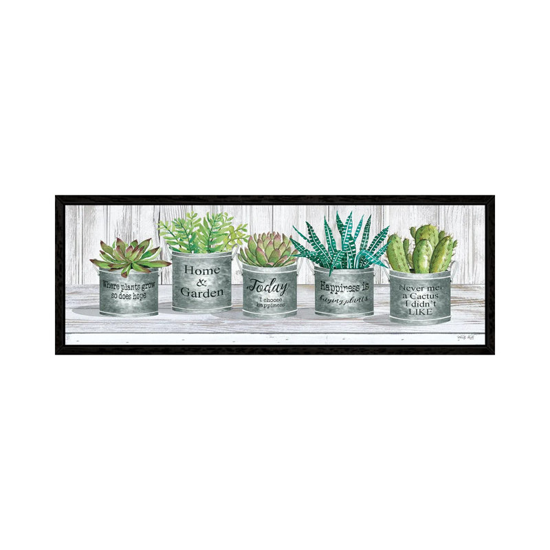 Galvanized Pot Succulents II by Cindy Jacobs - Panoramic Painting on Canvas, Black Floater Frame, 30.48 cm H x 91.44 cm W