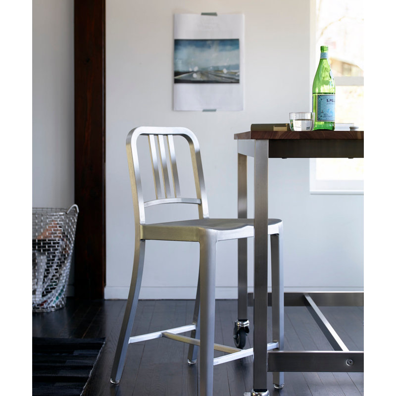 Navy 24" Barstool, Hand Polished Aluminum