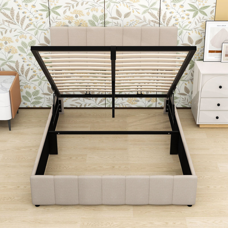Lit plateforme tapissier avec système de rangement hydraulique et tête de lit, Beige, Double