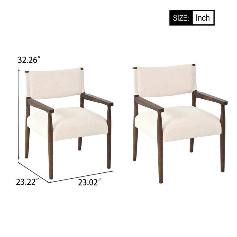 Ensemble de 2 chaises de salle à manger rembourrées avec accoudoirs, chaises d'appoint de style milieu du siècle avec structure en bois d'hévéa finition noyer, tissu respirant, assise rembourrée moelleuse pour salle à manger ou bureau