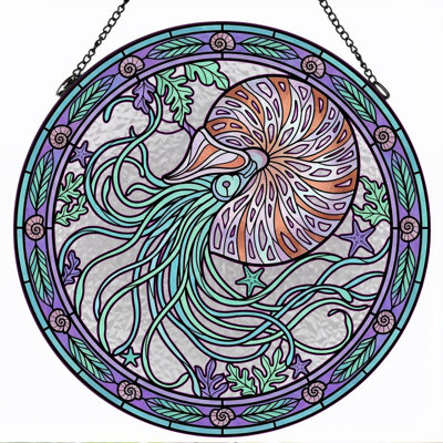Nautilus Shell Stained Glass Window Panel，7.8H