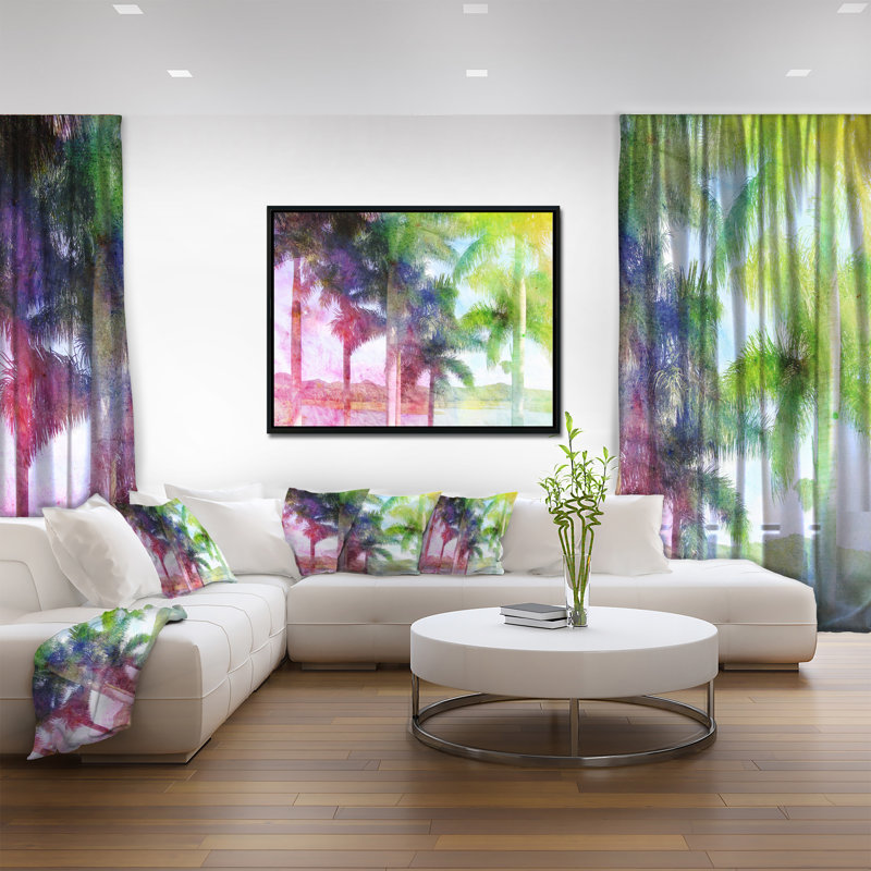 «Green Retro Palm Trees», impression sur toile tendue, H 12 po x l 20 po, Cadre noir