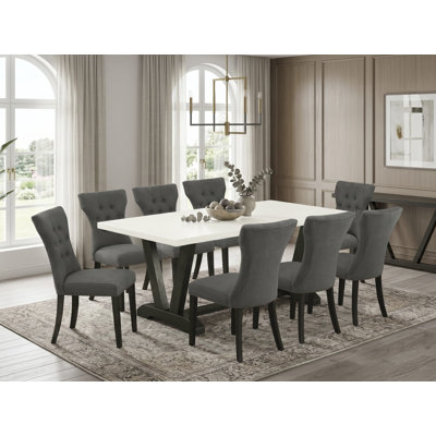 Ensemble de 9 pièces: petit plateau de table en lin blanc et 8 chaises de salle à manger gris foncé Gotham avec têtes de clous et dossier élégant, finition noire brossée