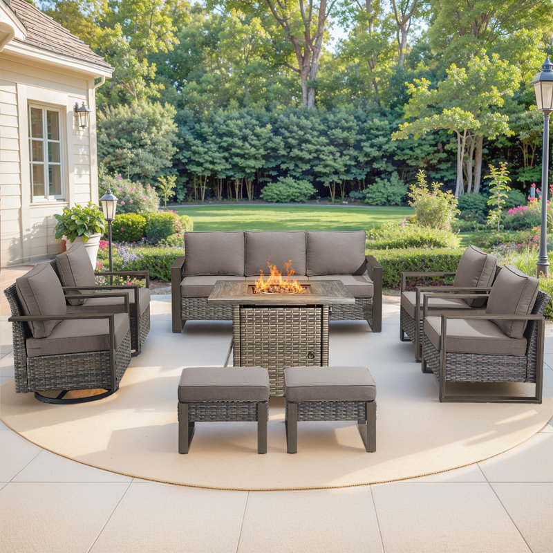 Palomares 8-Piece Outdoor Conversation Set With Swivel Gliders And Square Fire Pit Table, 9-Person Wicker Patio Seating With Armchairs