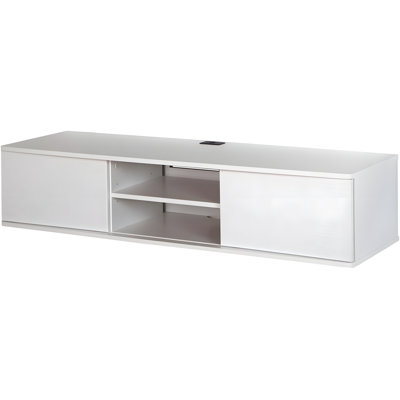 Console multimédia murale flottante avec portes coulissantes, tablettes réglables et gestion des câbles pour le salon