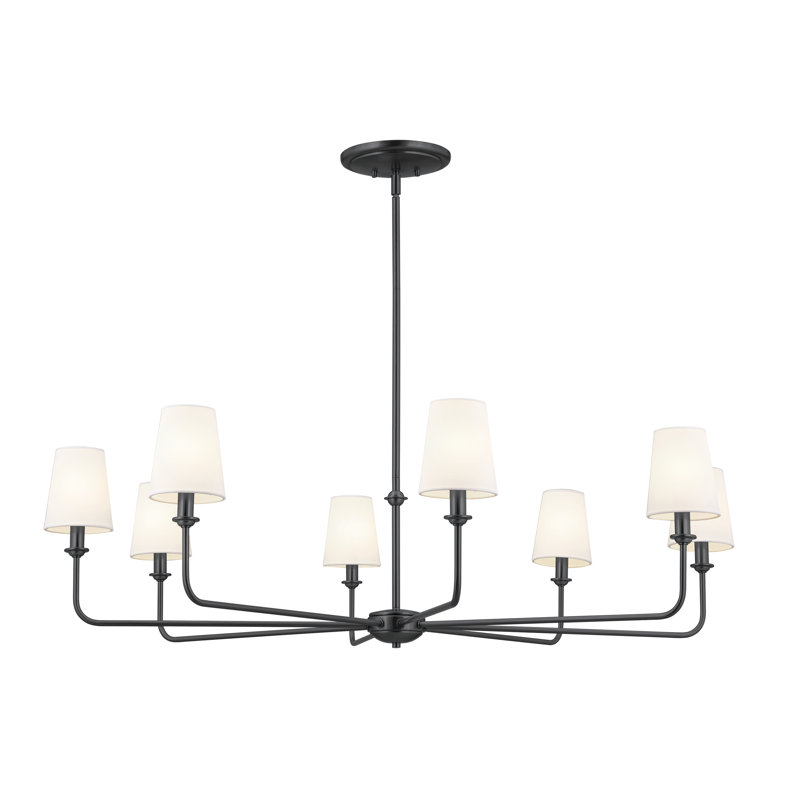  Classic 8 Light Chandelier with White Linen Shades, Black