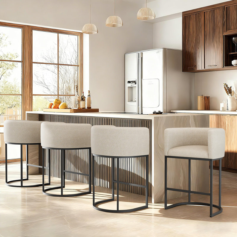 Upholstered Counter Stool with Metal Frame, Beige