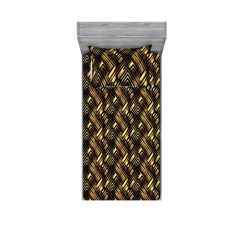 Ambesonne Fitted Sheet & Shams, Mustard/Chocolate/Brown Abstract, Twin Sheet Set with 1 Pillowcase