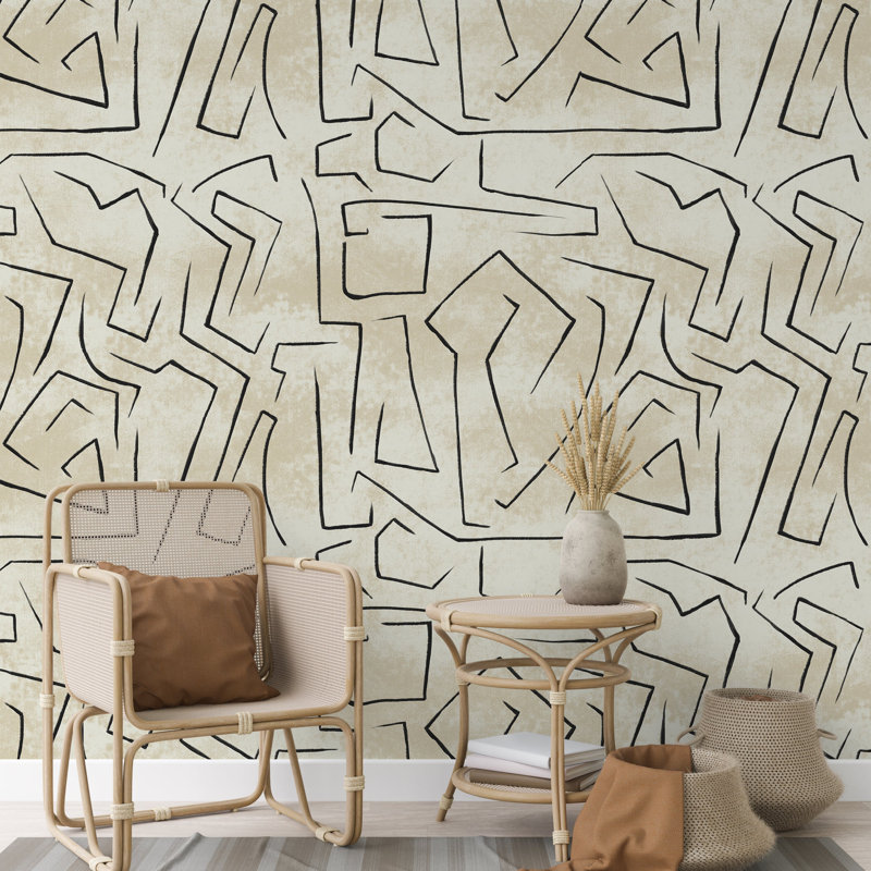 Papier peint motif abstrait graffiti beige, Beige/Black, 98.4" L x 78.7" W