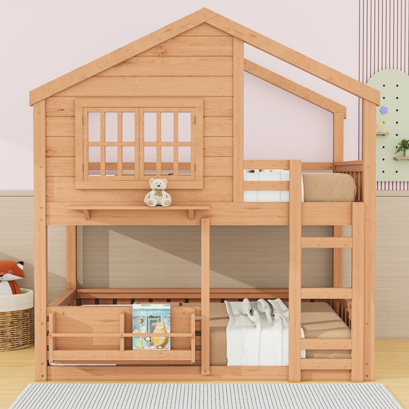 Lit superposé en bois avec échelle et bibliothèque, Double sur double