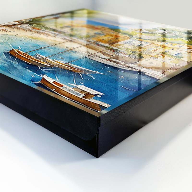 Key box, Opens to the right, 30x30x5, Black, Charming tenement houses and boats against the sea background, 