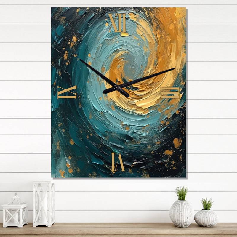 Golden Ocean Spiral Waves Peinture II - Horloges murales spirales abstraites, Petit