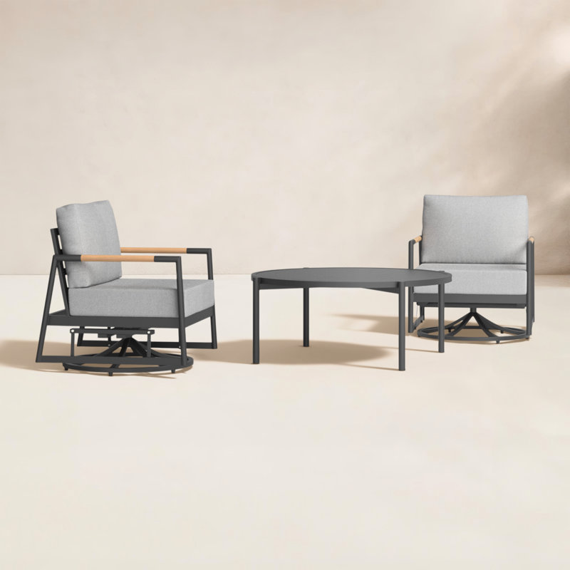 Ensemble de conversation de patio pivotant 3 pièces en aluminium noir avec coussins gris et bois de teck Ardys