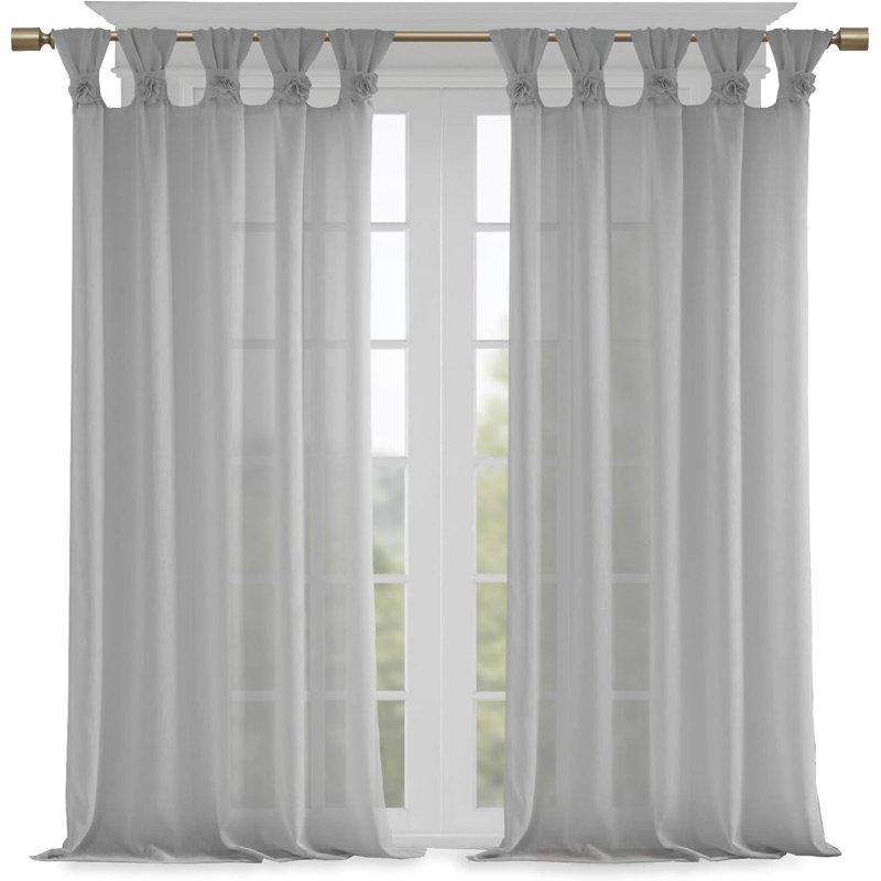 Madison Park Rosette Linen Floral Embellished Cuff Tab Top Solid Single 50x95" Curtain Panel, Linen, 50"W x 95"L