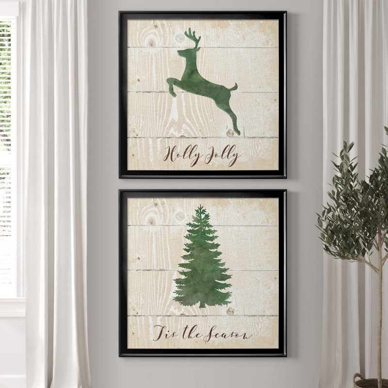 Holly Jolly Reindeer - ensemble de 2 reproductions d'art encadrées, H 17,5 po x l 35 po x P 1,5 po, Pas de tapis
