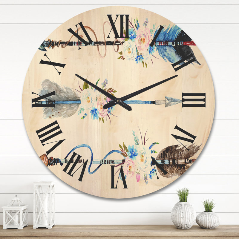 Horloge murale en bois plumes et fleurs, Très grand