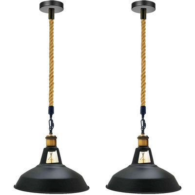 Hemp Rope Pendant Light Kit Industrial Farmhouse Hanging Ceiling Lamp with Metal Shades Adjustable Vintage Lighting Fixture for Kitchen Island Dining Room Living Room Bar 2PK
