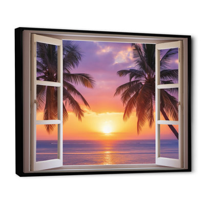 " Tropical Ocean Sunset Through Open White Window "