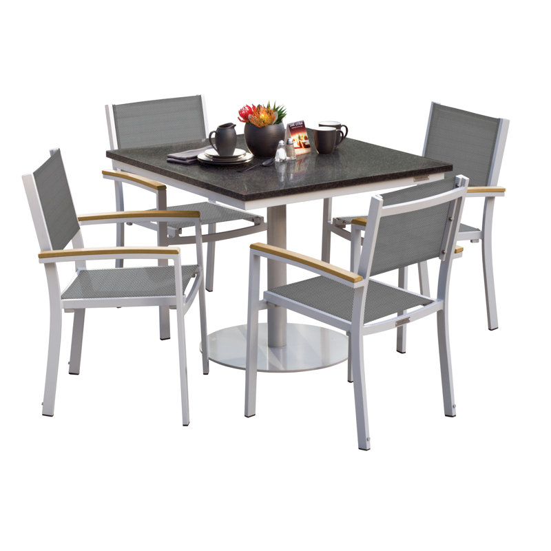 Travira Stacking Patio Arm Chair, Titanium Basketweave, Flint, Tekwood Natural
