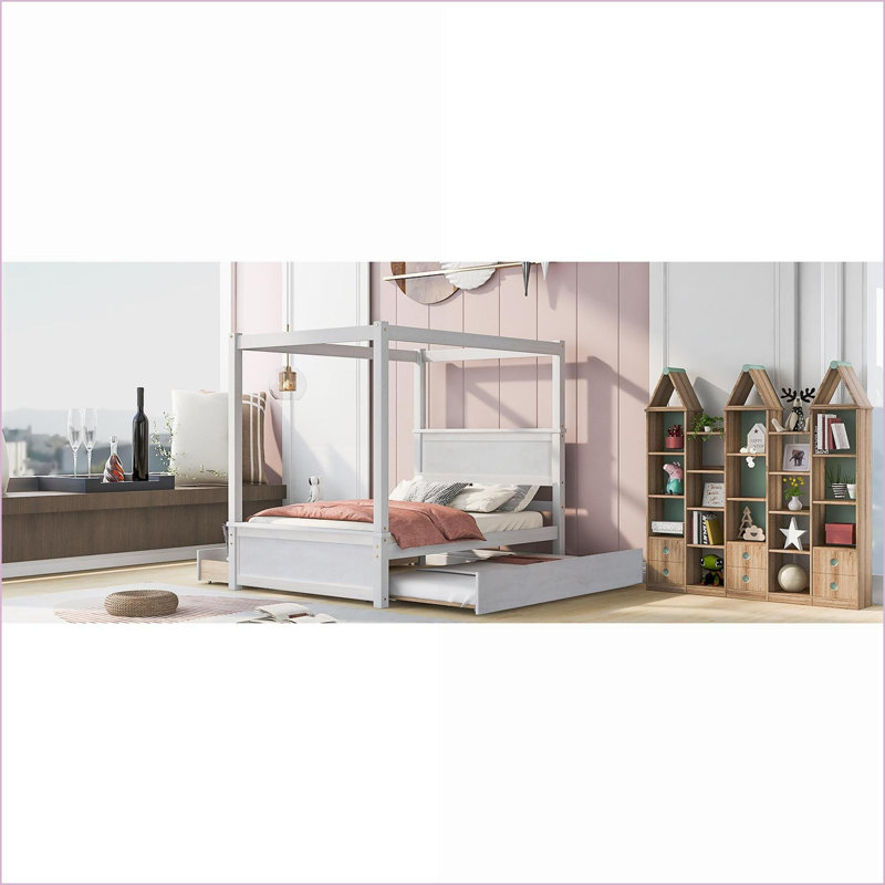 Lit plateforme double à baldaquin en bois avec lit gigogne 2 tiroirs - aucun sommier nécessaire, blanc brossé pour les chambres familiales