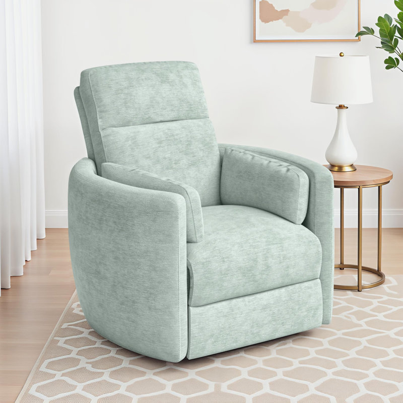 Bre Jelissa 40" W Polyester Upholstered Swivel Recliner with Integrated USB Port , Windstream Pale Teal Chenille
