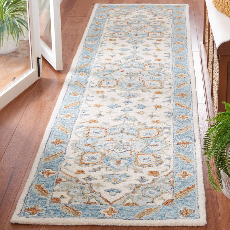 Eduvina Hand Tufted Wool/Cotton/Latex Oriental Rug in Orange/Gray/Blue, Runner 2'3" x 9'