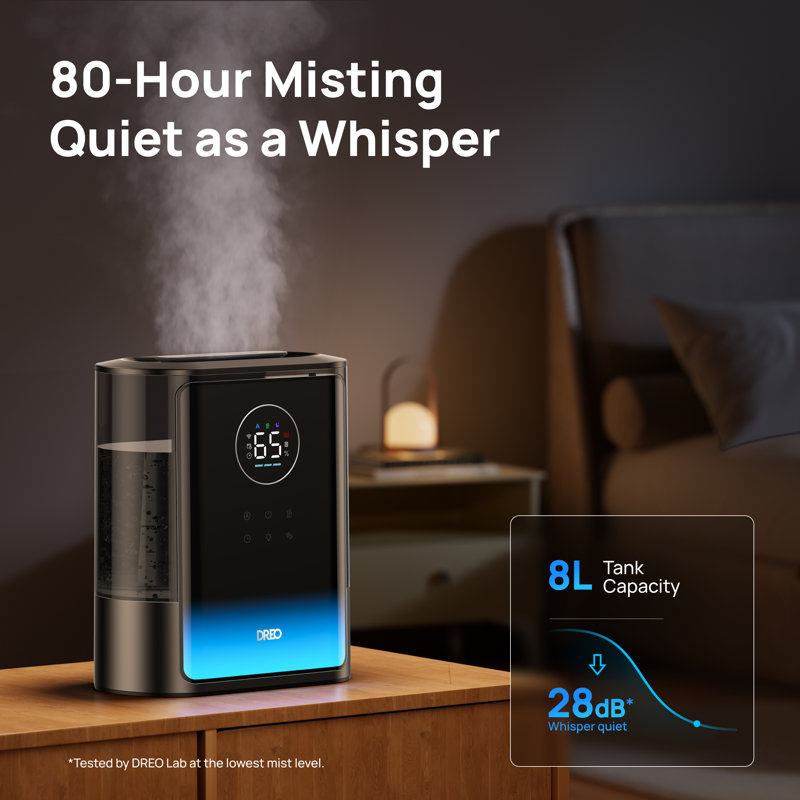 Humidificateur intelligent 8L DREO, 80 heures d'autonomie, brume chaude et froide jusqu'à 600 pi², contrôle précis de l'humidité, 1500 lumières RVB et 28 dB
