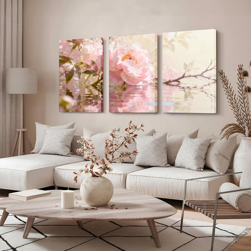 Pivoine rose, reproduction d'art sur toile tendue, reproduction naturelle pastel doux (ensemble de 3), H 30 po x l 60 po