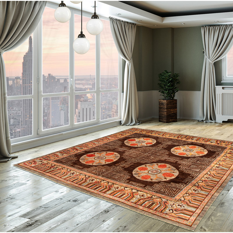 Tapis décoratif de laine carrée en brun de conception unique 8 pi 10 po noué à la main New Age