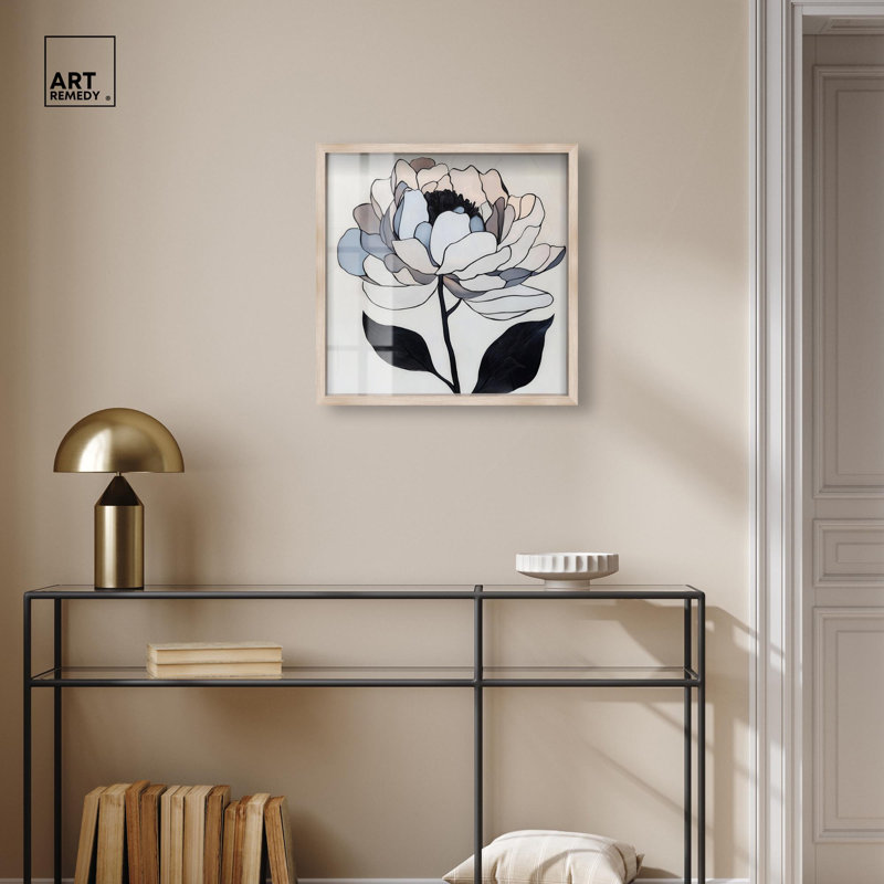 «Grey Scale Flower II Shadowbox», élégante décoration florale par Art Remedy, H 21 po x l 21 po, Crème, crème