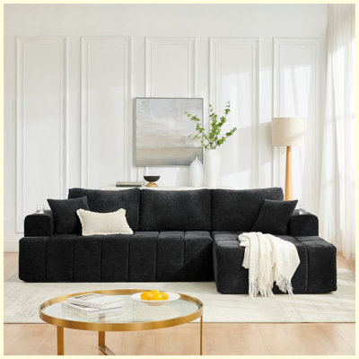 Canapé modulaire en L 108 po en chenille, canapé désossé de style nuage avec méridienne, canapé rembourré moderne avec porte-gobelets et poches latérales, canapé de salon à compression, aucun assemblage requis, noir