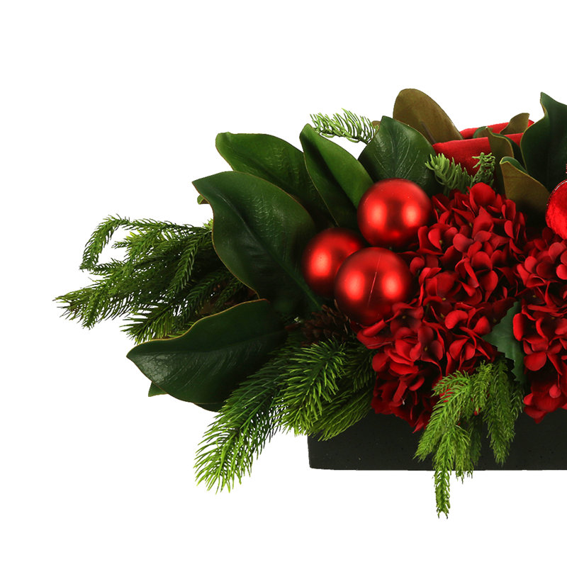 Evergreen and Hydrangea Holiday Centerpiece with Ribbon