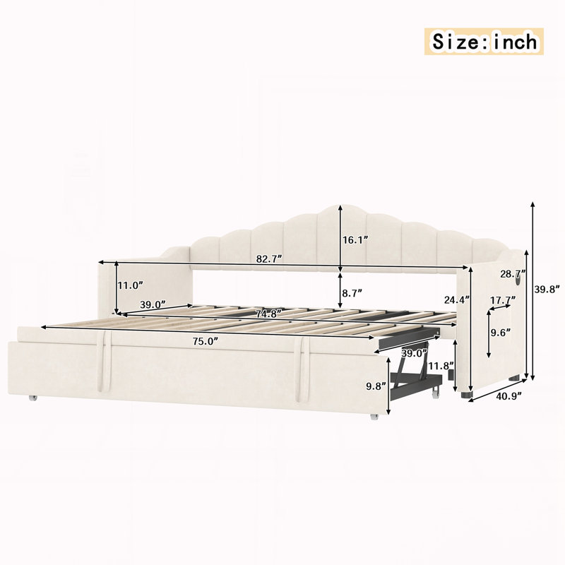 Upholstered Twin Size Daybed with Adjustable Height Pop Up Trundle, Beige