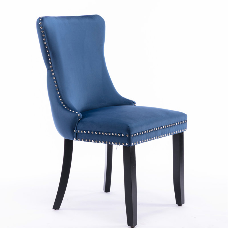 Chaises de salle à manger rembourrées en velours bleu, pieds en bois massif, garniture de surpiqûres, élégant et fauteuil, tissu de velours, décor moderne