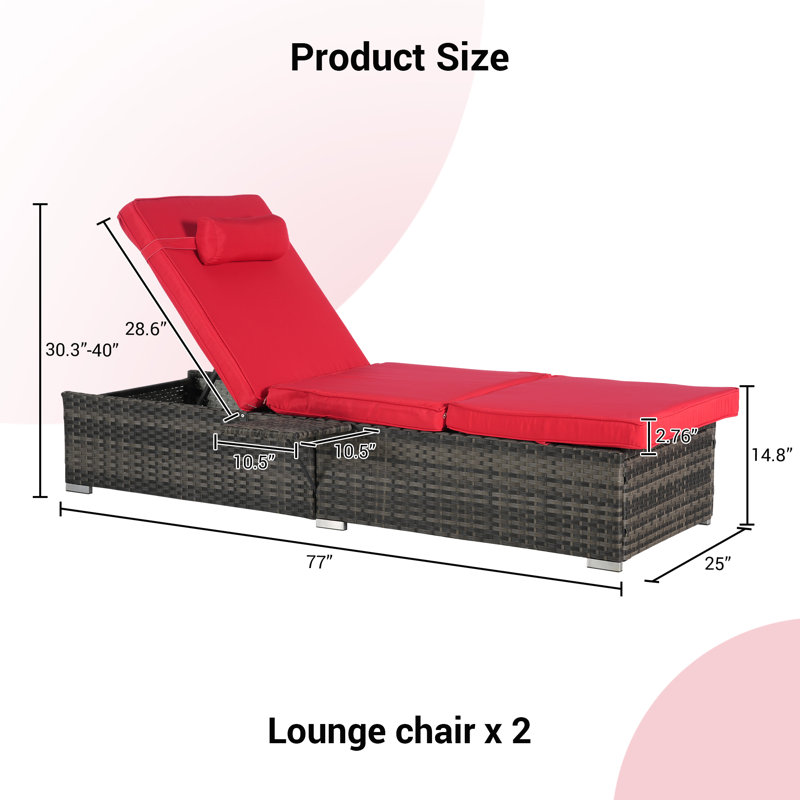 2 Pieces Outdoor Chaise Lounge Chair with Adjustable Backrest, Red