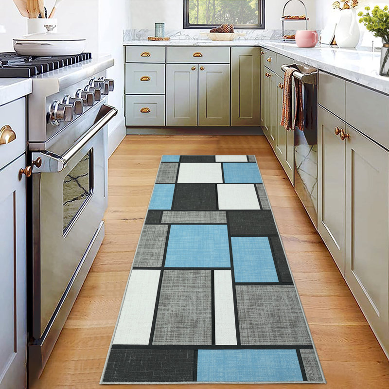 Tapis bleu délavé à motif géométrique lavable, Rectangle 9 pi x 12 pi