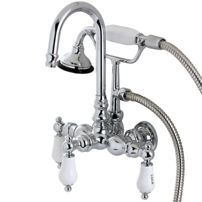 Kingston Brass Aqua Vintage Three-Handle 2-Hole Tub Wall Mount Clawfoot Tub Faucet with Hand Shower