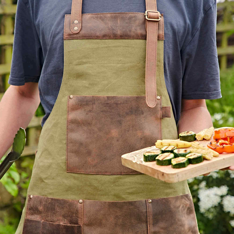 Canvas and Buffalo Leather Apron, Brown/Green