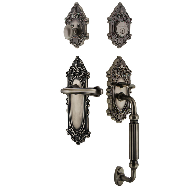Nostalgic Warehouse Victorian Plate F Grip Handleset with Single Cylinder Deadbolt and Fleur Lever, Antique Pewter, 2 3/8"