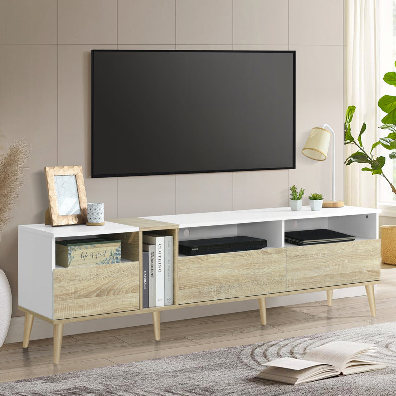 Téléviseur moderne avec 3 tiroirs et tablettes ouvertes, console multimédia pour téléviseurs de 80 po ou moins, centre de divertissement pour salon, conception de couleur assortie