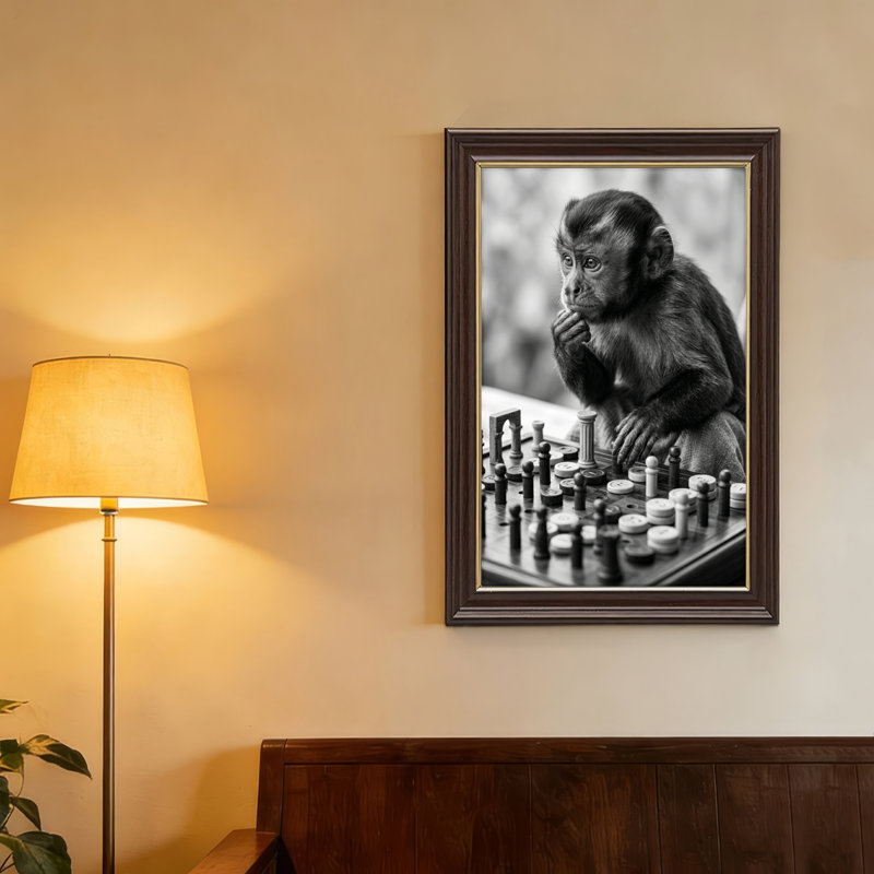 Art mural antique sur toile encadré doré pour le salon, la chambre à coucher, le bureau ou le vestibule - décoration murale décorative avec jeu d'échecs de singe
