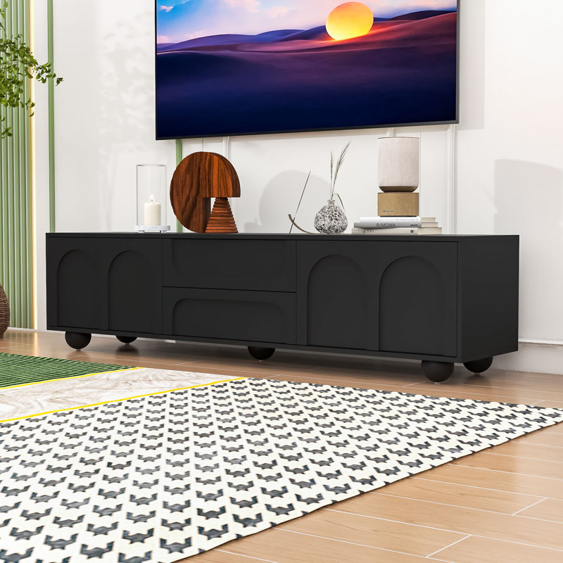 Meuble télé avec panneaux arqués et grand espace de rangement, Noir