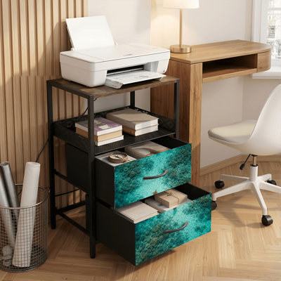 Table de chevet 2 tiroirs avec station de charge, table de chevet de chambre à coucher avec ports et prises USB, tablette ouverte noire, table de chevet avec imprimé tortue de mer