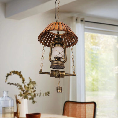 12.6" Vintage Kerosene Country Style Pendant Light, Wooden & Iron Rustic Hanging Lamp For Farmhouse Kitchen Island Cafe Bar