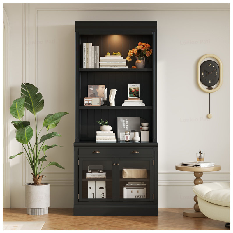 Bibliothèque haute en verre avec portes et éclairage DEL