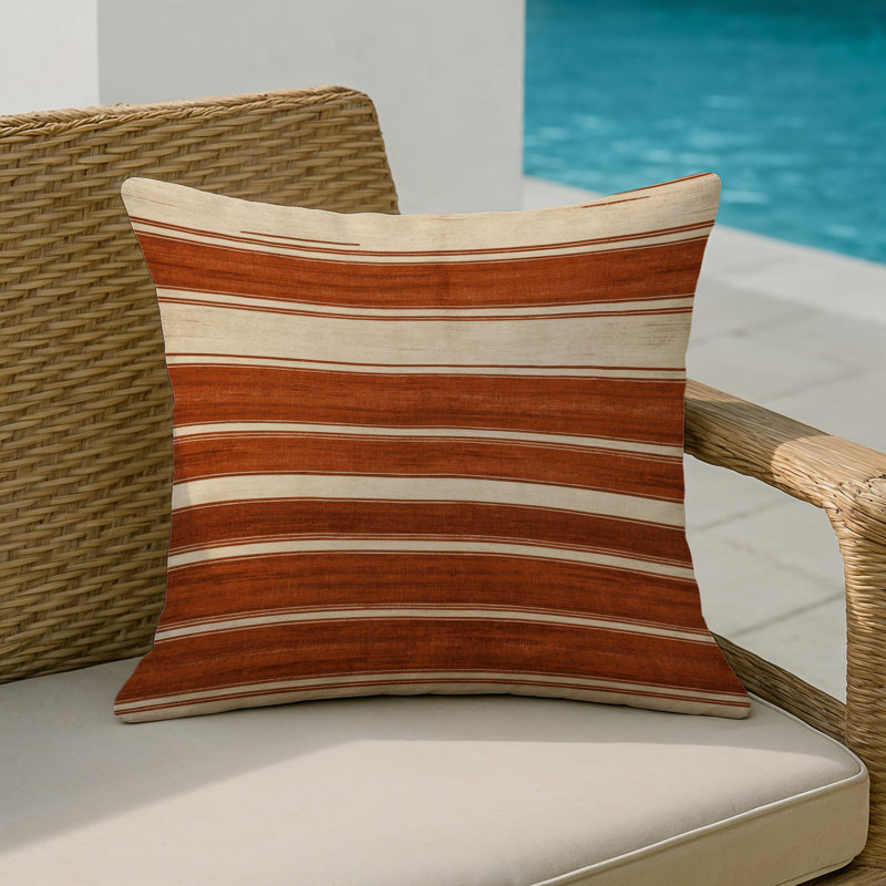 Coussin décoratif horizontal et extérieur à rayures horizontales, Carré 20 po, Rouille / crème