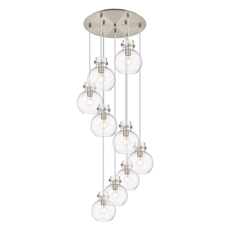 Luminaire suspendu 9 lumières Amrith, Transparent, Nickel satiné brossé