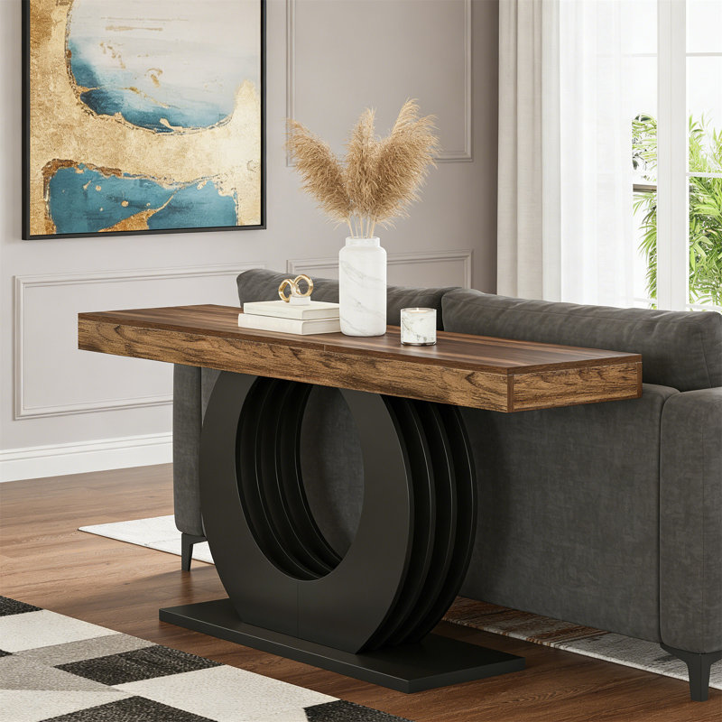 Console 63 po, table d'entrée rustique avec base circulaire